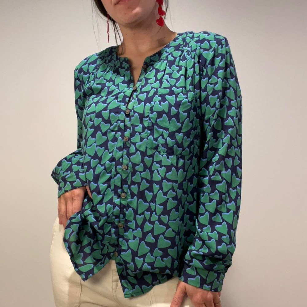 Anthropologie‎ Maeve Conversations Heart Print Button Front Blouse Blue Green 6